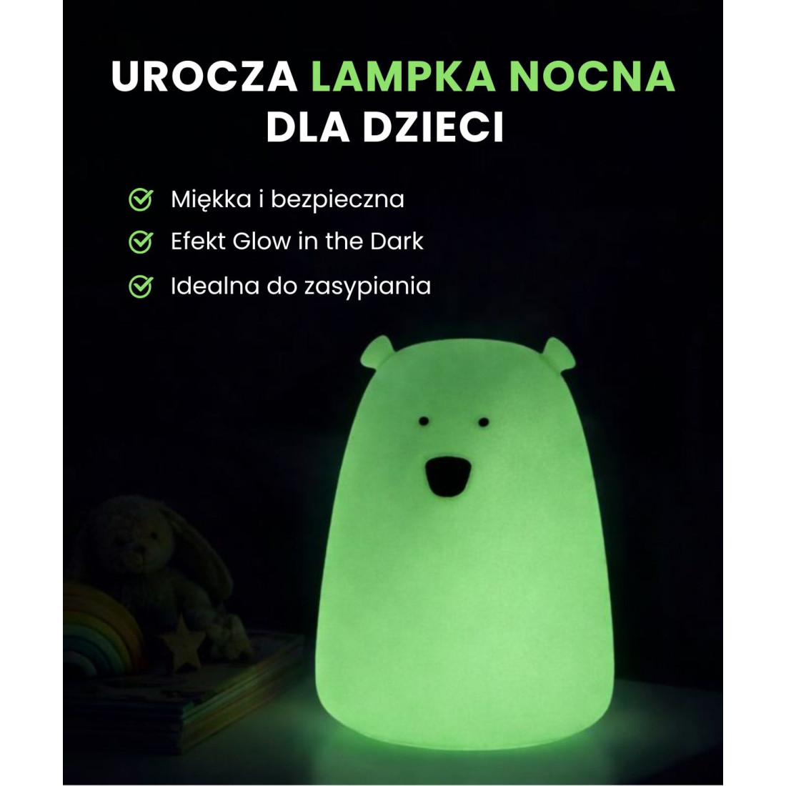 Rabbit & Friends Miś Duży, Świecący w Ciemności, Lampka Silikonowa z Pilotem - obrazek 3