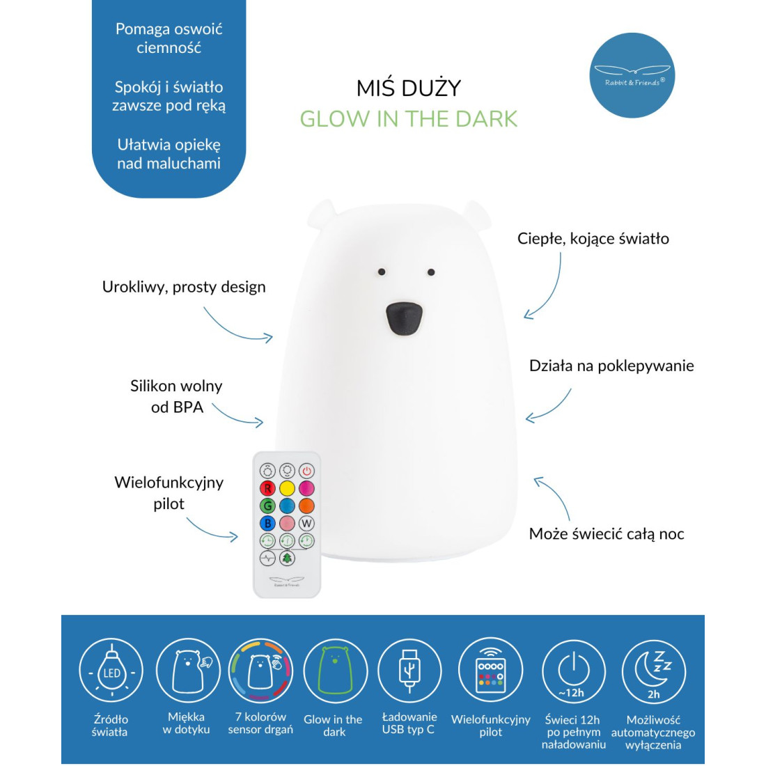 Rabbit & Friends Miś Duży, Świecący w Ciemności, Lampka Silikonowa z Pilotem - obrazek 4