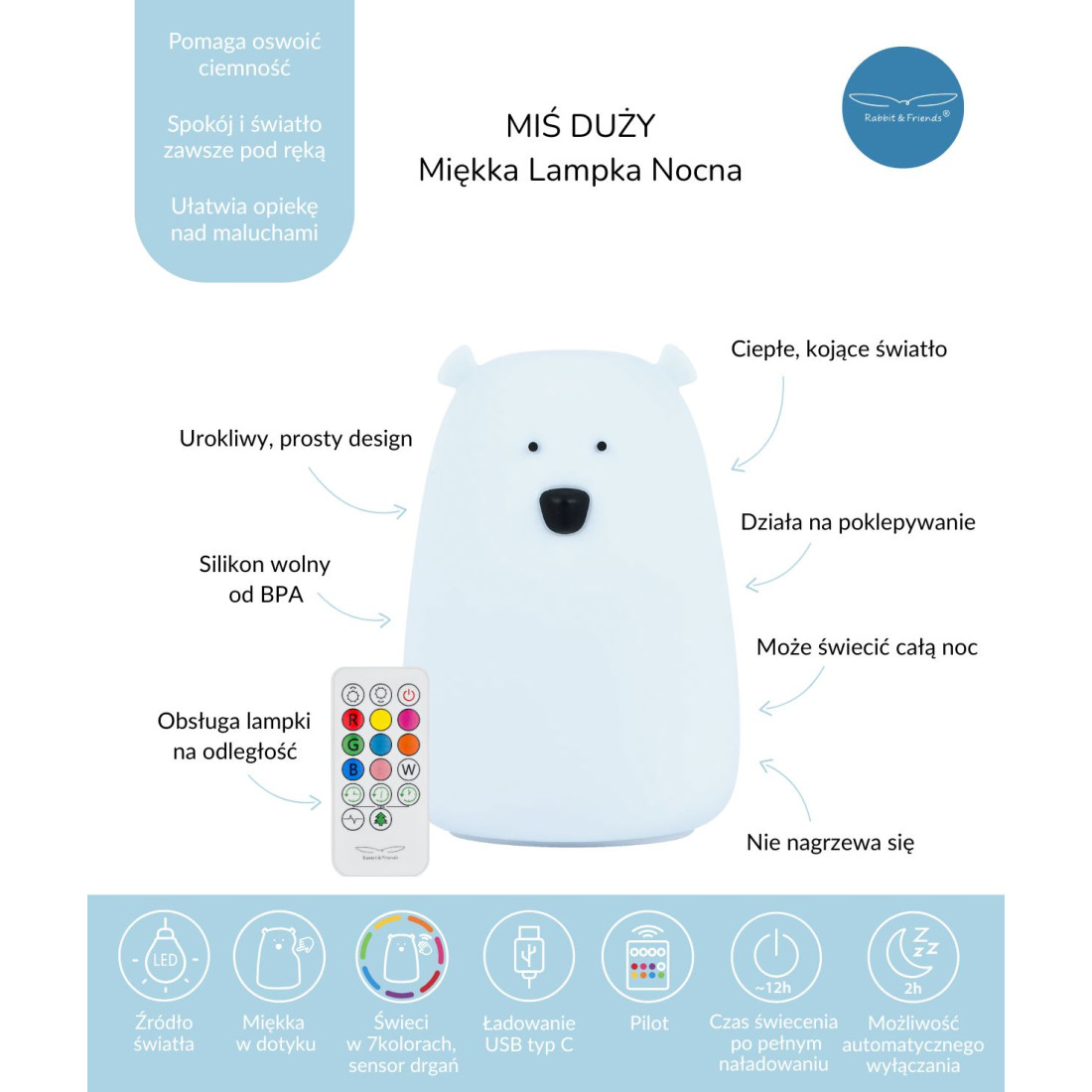 Rabbit & Friends Duży Miś Lampka silikonowa z pilotem, kolor Błękitna Chmurka - obrazek 2