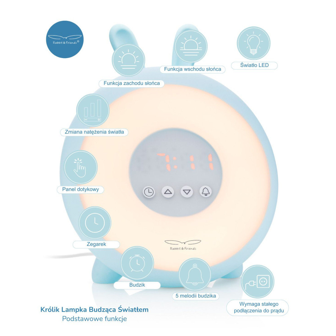 Rabbit & Friends Królik Lampka Budząca Światłem Niebieska - obrazek 3