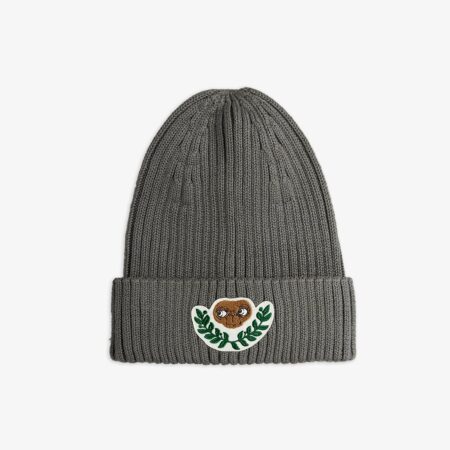 Mini Rodini E.T. Patch Knitted Rib Beanie Grey